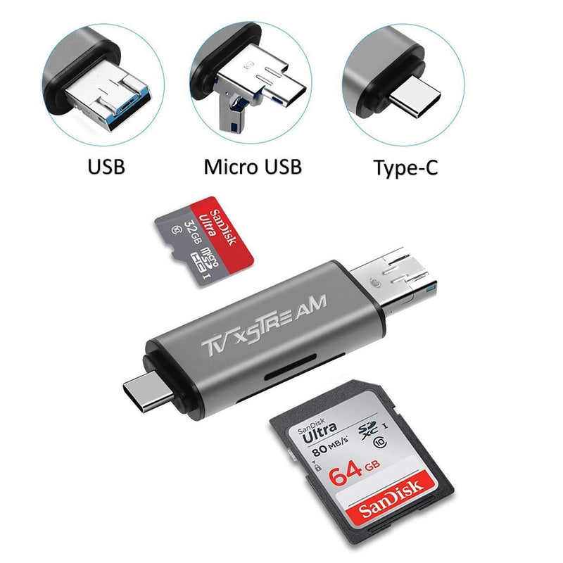 [Australia - AusPower] - SD Card Reader, Storage Expansion OR File Transfer KIT for FIRESTICKS, Media Devices, Gaming Systems, 3-in-1 USB 2.0 / USB C/Micro USB Card Reader - SD Card, Micro SD, Includes OTG Cable 
