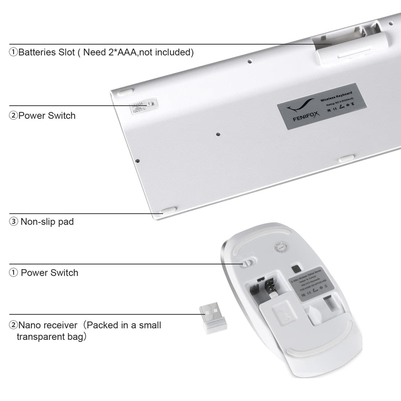 [Australia - AusPower] - Wireless Keyboard and Mouse - FENIFOX USB Slim 2.4G Wireless Keyboard Mouse Combo Full-Size Ergonomic Compact with Number Pad for Laptop PC Computer Windows mac- Silver White 