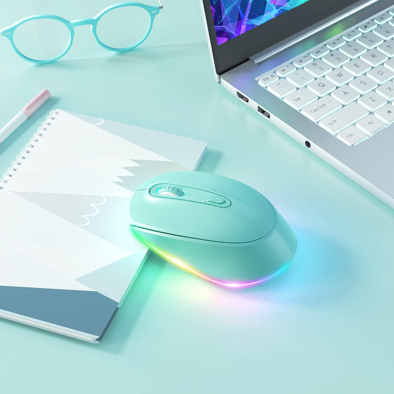 [Australia - AusPower] - seenda Bluetooth Mouse, Ultra Quiet Rechargeable Light Up Wireless Mouse (Bluetooth 3.0/5.0+USB) with LED Rainbow Lights for Computer Laptop Notebook Chromebook Mac Windows, Mint Mint Mouse for Kids 