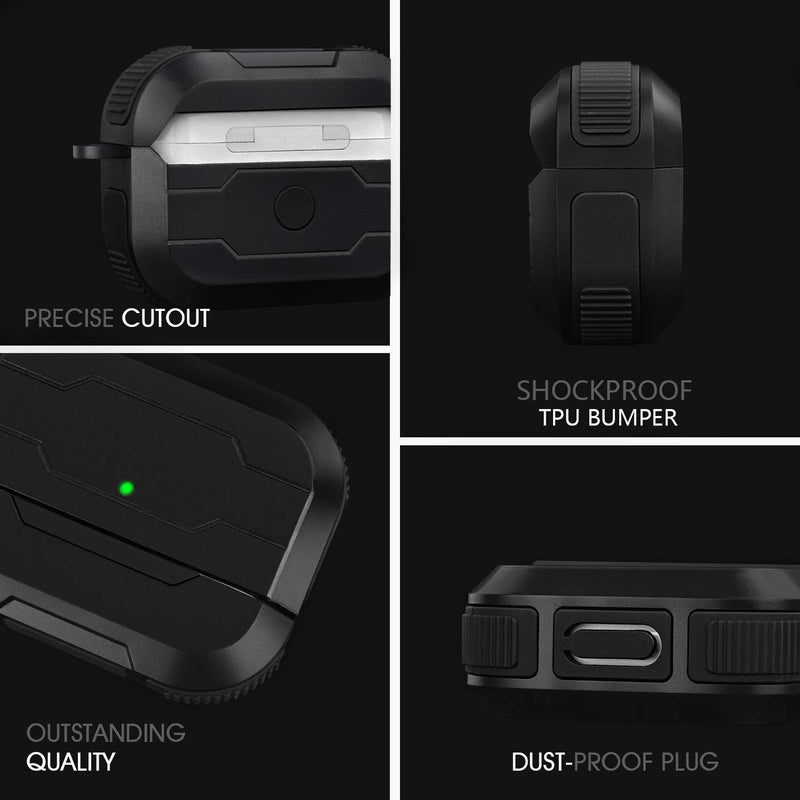 [Australia - AusPower] - AirPods Pro Case Cover, Shock-Resistant Military Protective Men AirPod Pro Cases Accessories with Metal Carabiner Keychain, Designed for Apple AirPods Pro Wireless Charging Case (Black) Black 
