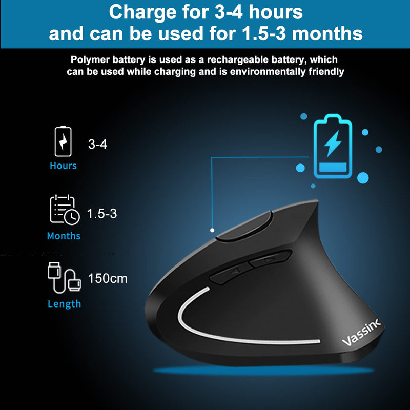 [Australia - AusPower] - Vassink Wireless Mouse Ergonomic Mouse Rechargeable Vertical Optical Mice with USB Receiver, 6 Buttons 2.4GHz Adjustable DPI 800/1200/1600 for PC Computer,Laptop,etc（Black） Black2 