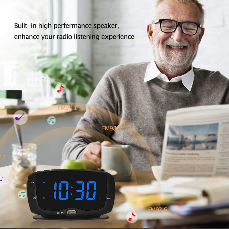 [Australia - AusPower] - DreamSky Radio Alarm Clock with Dual USB Charging Ports for Bedroom, 1.4 Inches Blue Digits with Adjustable Dimmer, DST, Digital FM Radio Clock with Snooze 12/24H Black and Blue 