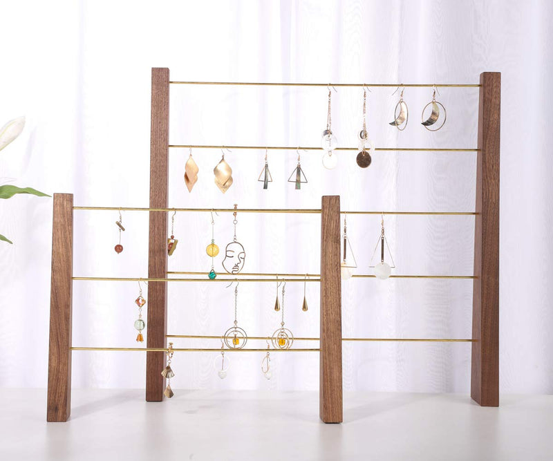 [Australia - AusPower] - GemeShou Walnut Brass 5 Tier Earring Cardboad Hanger Stud Dangle Hoop Earring Storage Organizer Tabletop Clip on Earring Display Stand 【Walnut-Brass 5-Tier Height 15.6"】 E2/Walnut Ladder 5-Tier (16.3"x2.4"x15.6" H)+30pcs PVC Earring cards for Free 