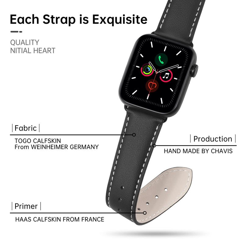 [Australia - AusPower] - CHAVIS Leather Watch Band – Smart Watch Band Compatible with Apple Watch Series 7, 6, SE, 5, 4 – Handmade Italian Leather Watch Bands with Stainless Steel Adapter 40mm / 41mm Agate Black 