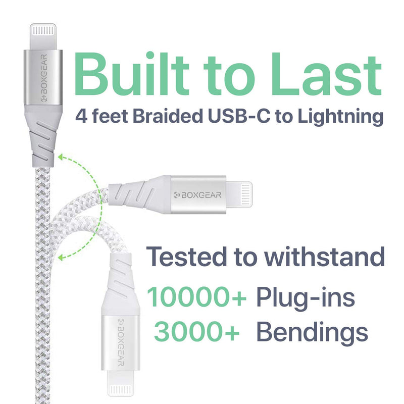 [Australia - AusPower] - Boxgear iPhone Charger 10 ft - MFi Certified Braided Lightning Cable for iPhone 12/11/ Pro/Max/X/XS/XR/XS Max/ 8/ Plus/7/7 Plus/6/6S/6+ - Charges 50% in 30 Minutes - Phone Charger for Apple Devices 10ft White 