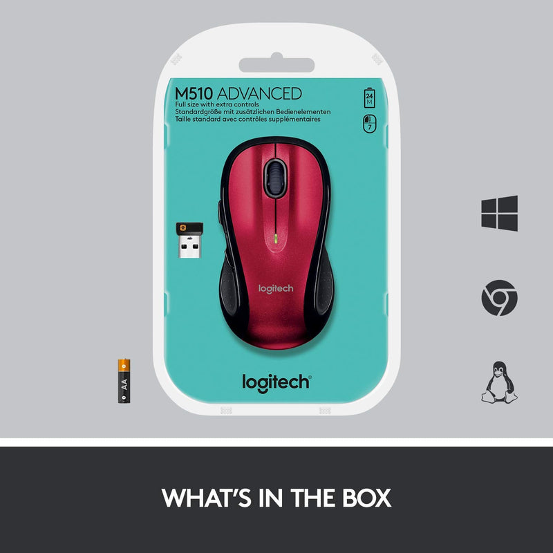 [Australia - AusPower] - Logitech M510 Wireless Computer Mouse – Comfortable Shape with USB Unifying Receiver, with Back/Forward Buttons and Side-to-Side Scrolling - Red 