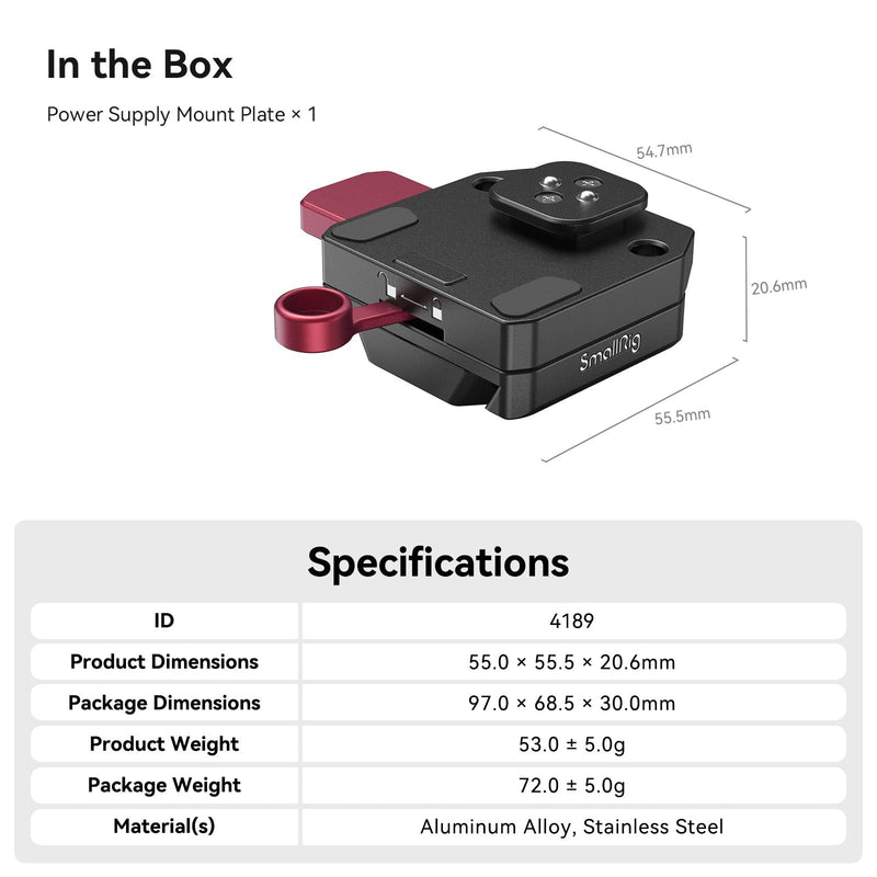 [Australia - AusPower] - SmallRig Mini V Mount Battery Plate for DJI RS 3 / RS 3 Pro/RS 2 / RSC 2 Gimbals, Comes with V-Lock, Cold Shoe & 1/4"-20 Threaded Holes for V Mount Battery & NP-F Battery - 4189 