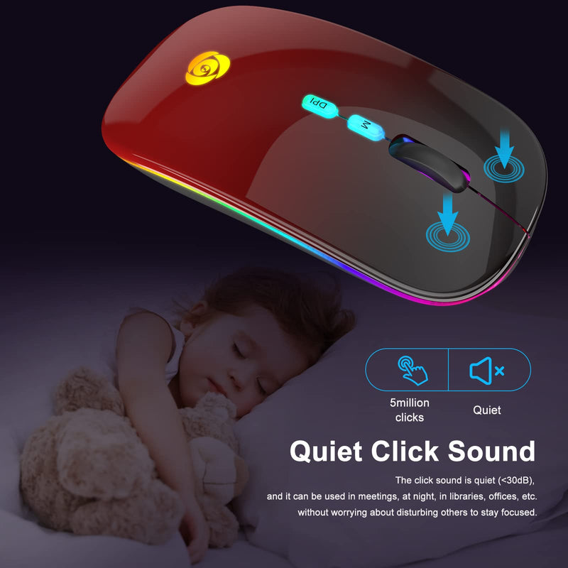[Australia - AusPower] - LED Wireless Mouse Bluetooth &2.4GHz Instant Connection,Rechargeable Ultra Silent Slim,3 Adjustable DPI 2 Connection Modes with USB-C to USB Adapter for Laptop/MacBook/PC/Tablet/iPad (Black-red) Black-red 