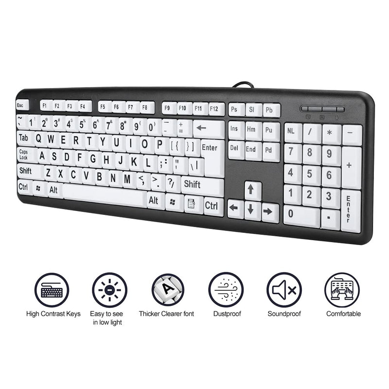 [Australia - AusPower] - Zopsc-1 Wired USB Wired Keyboard USB Keyboard Low Vision Keyboard Black Computer Keyboard with White Large Print Keys(Black) 