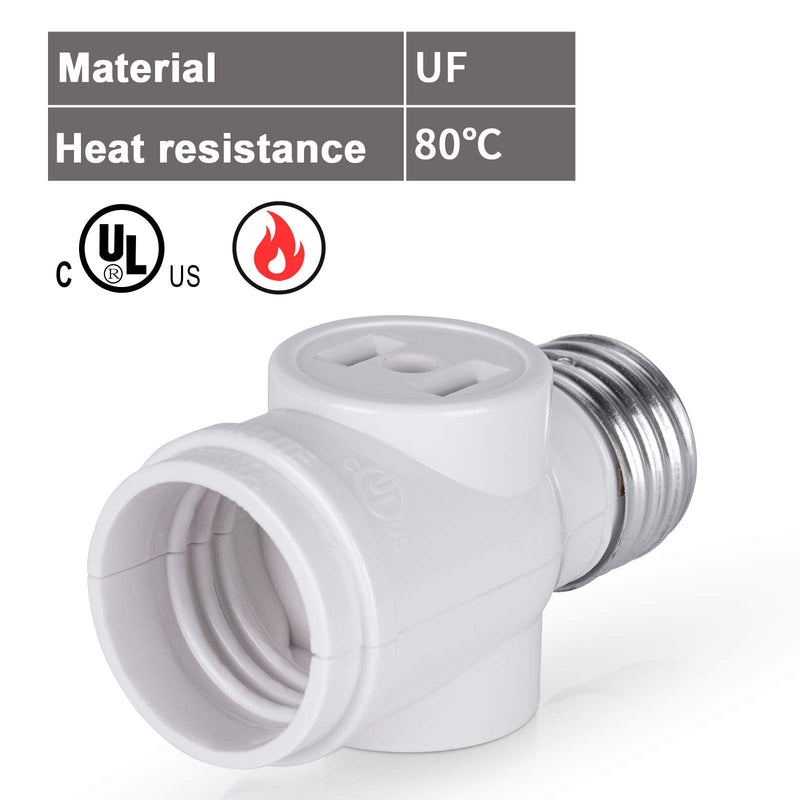 [Australia - AusPower] - DiCUNO UL Listed E26 to 2 Polarized Outlet Socket Adapter, Standard (Medium) E26 Base Light Bulb to 2-Prong Outlet Plug Splitter Converter, White, 2-Pack 