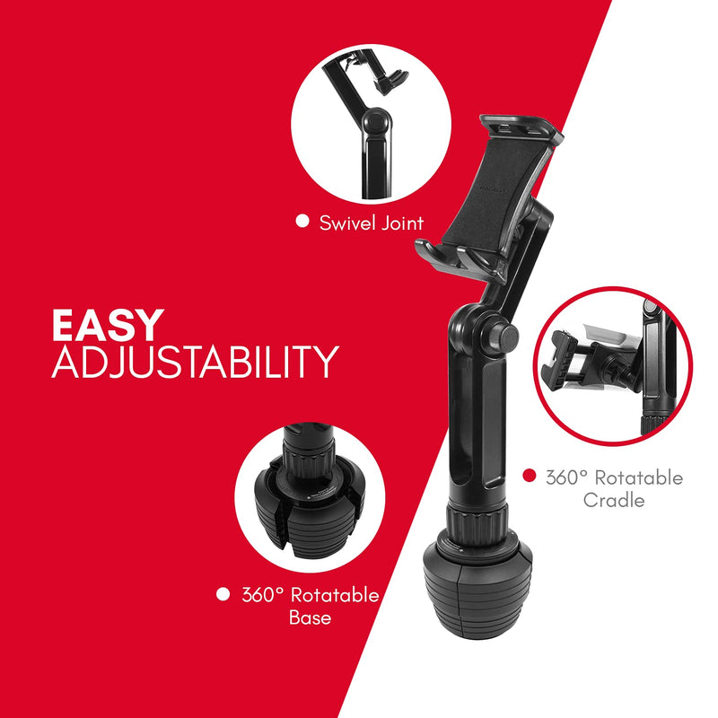 [Australia - AusPower] - Macally Heavy Duty Tablet Holder for Car - Works as Cup Holder Tablet Mount or Phone Cup Holder - Fits Devices 3.5" - 8” Wide with Case - Adjustable iPad Car Mount with 360° Rotatable Cradle 