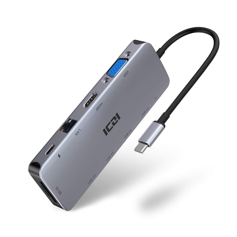 [Australia - AusPower] - USB C Hub ,Type C Hub ,ICZI 11 in 1 Adapter with Ethernet ,4K USB C to HDMI,VGA, 2 USB 3.0 2 USB 2.0, SD/TF Card Reader,Mic/Audio,USB C Pd 3.0, Compatible for Mac Pro and Other Type C Laptops 