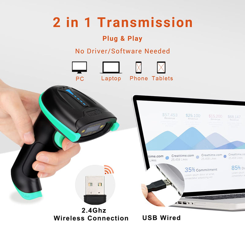 [Australia - AusPower] - Tera Barcode Scanner 1D Wireless with Battery Level Indicator Versatile 2-in-1 (2.4Ghz Wireless+USB 2.0 Wired) 328 Feet Transmission Distance Rechargeable Barcode Reader USB Handheld Bar Code Scanner 