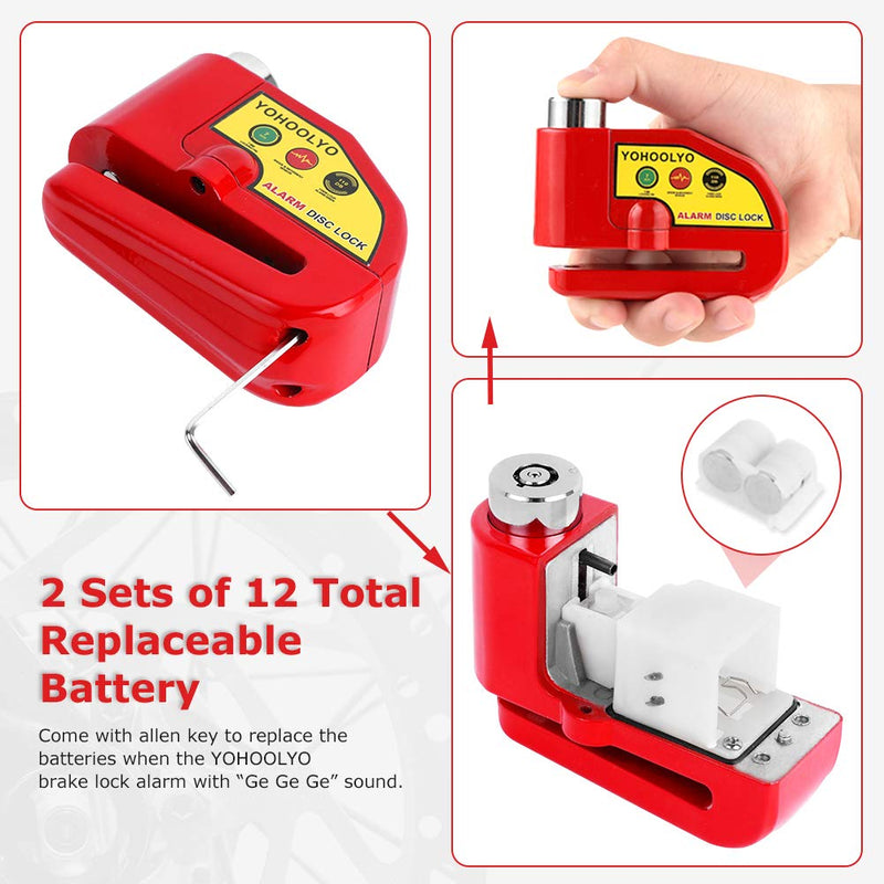 [Australia - AusPower] - YOHOOLYO Alarm Disc Lock Motorcycle Disc Brake Lock Anti-Theft Waterproof 110 dB 7mm Pin 5ft Reminder Cable for Motorcycles Bike Scooter Carry Pouch (Red) Red 