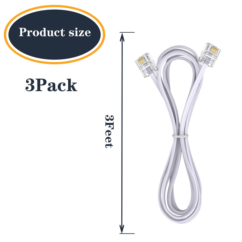 [Australia - AusPower] - Ubramac 3Pack Phone Cord Phone Telephone Extension Cord 3.3ft Cable Line with Standard RJ11 6P4C Plugs for Landline Phone and Fax,(White, 3.3Feet) 