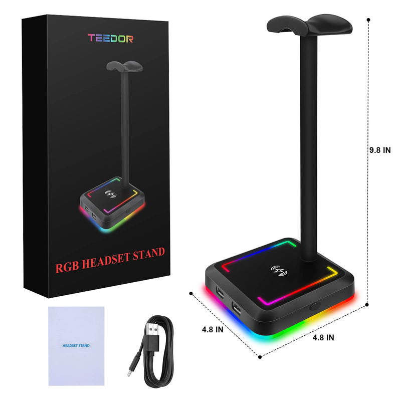 [Australia - AusPower] - Headphone Stand with Wireless Charger TEEDOR RGB Gaming Headset Holder Hanger Rack with 10W/7.5W QI Charging Pad & 2 USB Charger Ports for Desktop PC Game Earphone Accessories, Black 