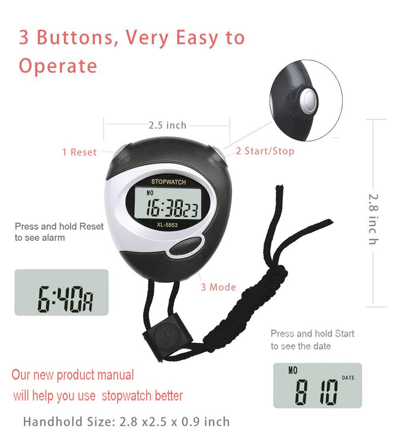 [Australia - AusPower] - Digital Stopwatch, BESTWYA Large Screen Handheld Count Up Timer with Time Calendar Clock Function 