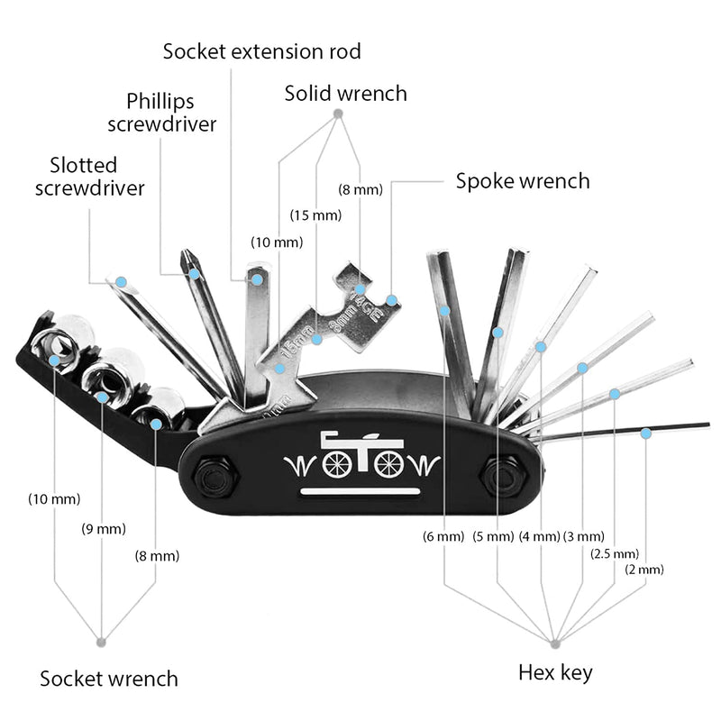 [Australia - AusPower] - WOTOW Bike Repair Tool Kit, 16 in 1 Bicycle Multitool with Bike Tire Levers Hex Spoke Wrench, Multi Function Accessories Set for Road Mountain Bikes 