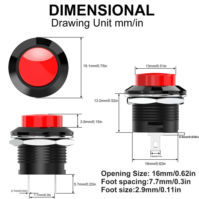 [Australia - AusPower] - DIYhz Momentary Push Button Switch Mini No Lock Round Switch AC 250V / 3A AC 125V /6A Off-ON Red & Black Cap (10 pcs) 