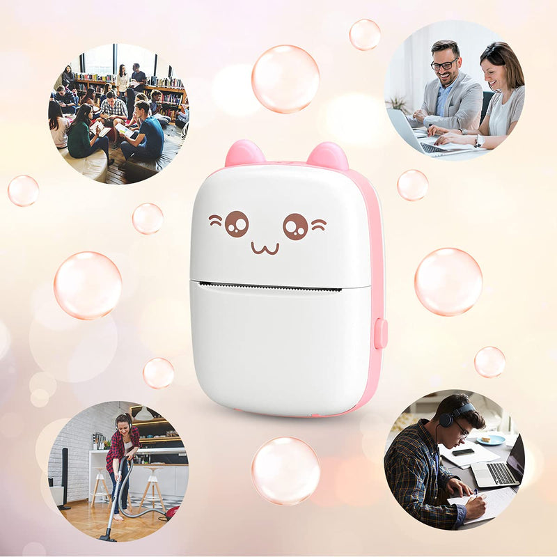 [Australia - AusPower] - Mini Printer Inkless Pocket Label Printer, Lychee Instant Photo Printer with 2 Rolls Thermal Paper, Compatible with iOS Android Phone for Travel List, Study Note, Work Memo (Pink) Pink 
