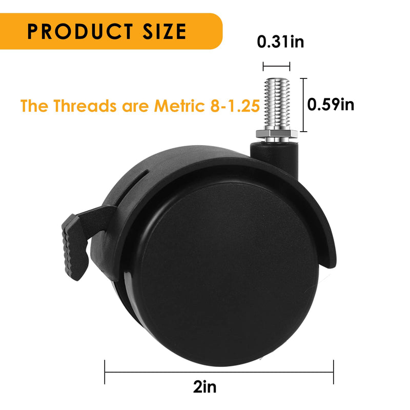[Australia - AusPower] - 2" Stem Casters Replacement Casters Threaded Swivel Furniture Caster Wheels with Brakes 100Lbs (M8-1.25x15mm-Black-No Brake) M8-1.25x15mm-Black-No Brake 