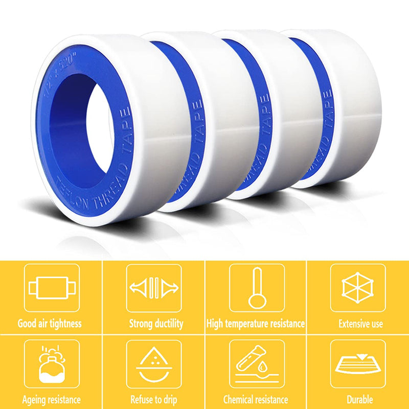 [Australia - AusPower] - 4 Rolls 1/2 Inch(W) X 520 Inches(L) Teflon Tape,for Plumbers Tape,Plumbing Tape,PTFE Tape,Thread Tape,Plumber Tape for Shower Head,Pipe Sealing,Thread Seal,White 