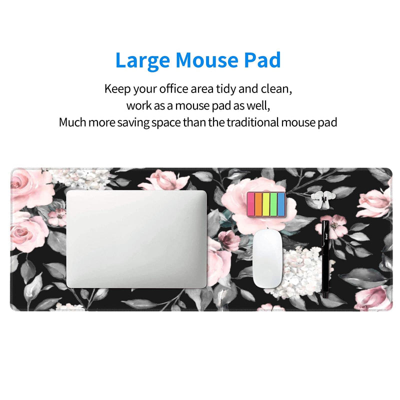 [Australia - AusPower] - Floral Extended Gaming Mouse Pad Non-Slip Rubber Base Black Large Mousepad 31.5x11.8in with Stitched Edge Waterproof Pink Peony Flowers Pads Computer Black Desk Laptop Mats for Work/Game/Office/Home Flower 