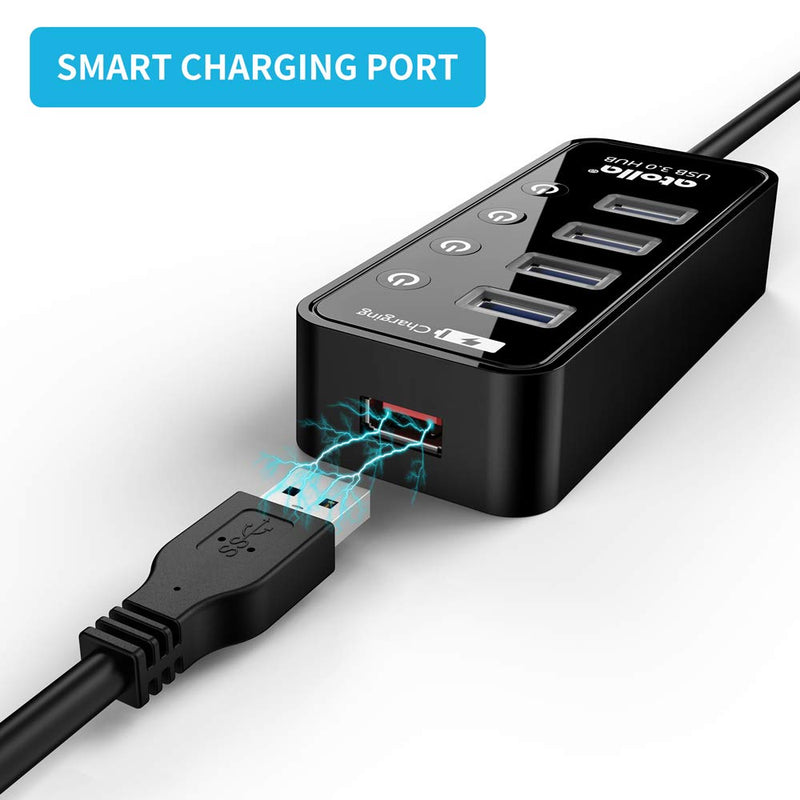 [Australia - AusPower] - USB 3.0 Hub, atolla 4 Ports Super Speed USB 3 Hub Splitter with On Off Switch with 1 USB Charging Port (Cable Length 2 Feet, No AC Adapter) (4-Port hub) 