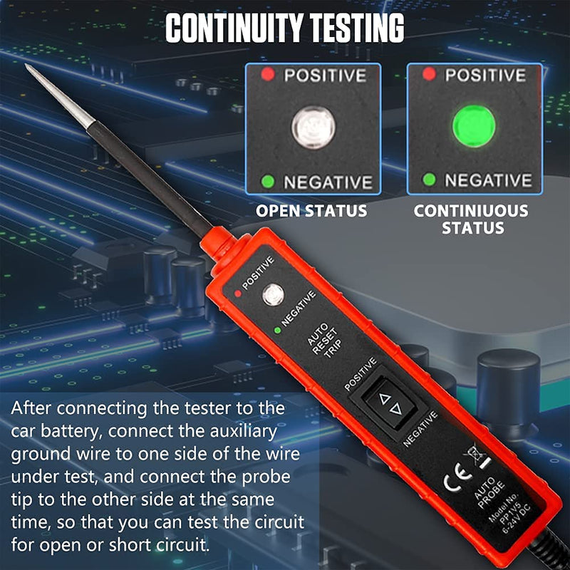 [Australia - AusPower] - Power Circuit Probe Tester with Overload Protection and Component Activation,Polarity Identify Continuity Short Circuit Tester 6-24V with LED Test Light,Buzzer Warning,13FT Long Extension Cable 