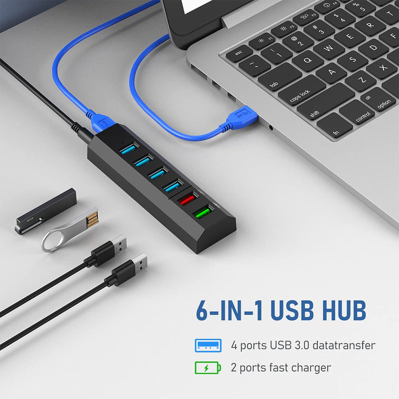 [Australia - AusPower] - USB Hub, Aiibe 6 Ports Super High Speed USB 3.0 Hub Splitter + 24W Power Adapter + USB 3.0 Cable, Black Smart Fast Charger Powered USB Hub for Laptop, Mac, PC, Mobile HDD, Mulitple Devices 