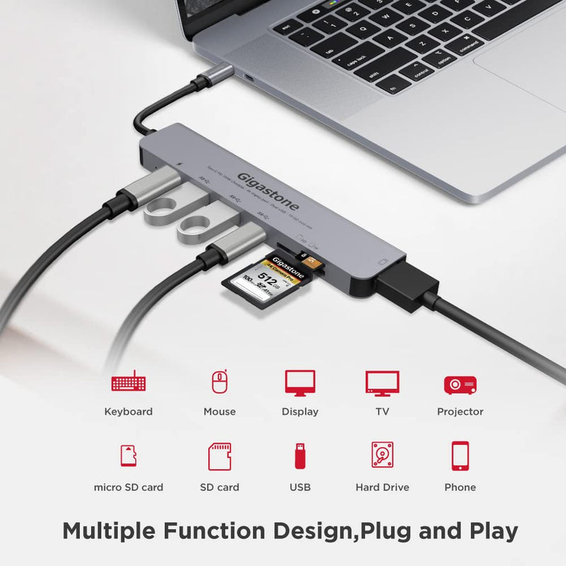 [Australia - AusPower] - 【USB C Hub】【100W Power Delivery】 Gigastone Multiport Adapter 7-in-1 with 100W Charging, 4K HDMI, USB-C & 2 USB-A 5Gbps, SD & microSD Reader, for MacBook Air, MacBook Pro, Chromebook, Zenbook, Surface 