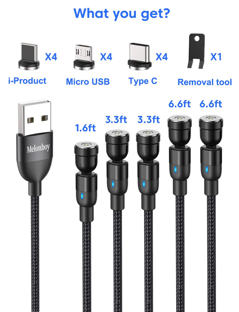 [Australia - AusPower] - Melonboy 540° Rotation Magnetic Charging Cable/5-Pack(1.6/3.3/3.3/6.6/6.6ft)/Magnetic Phone Charger with LED/Magnetic Charger Type C/USB C Charging Cable-Nylon Braided for Type C/Micro USB/i-Product 