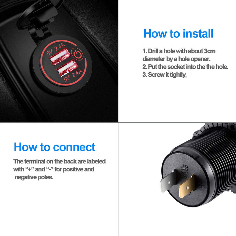 [Australia - AusPower] - Dual USB Charger Socket, 2.4A & 2.4A Waterproof 12V/24V Dual USB Fast Charger Socket Power Outlet with Touch Switch for Car Marine, Boat, Golf Cart, Motorcycle, Truck and More(4.8A-Red) 