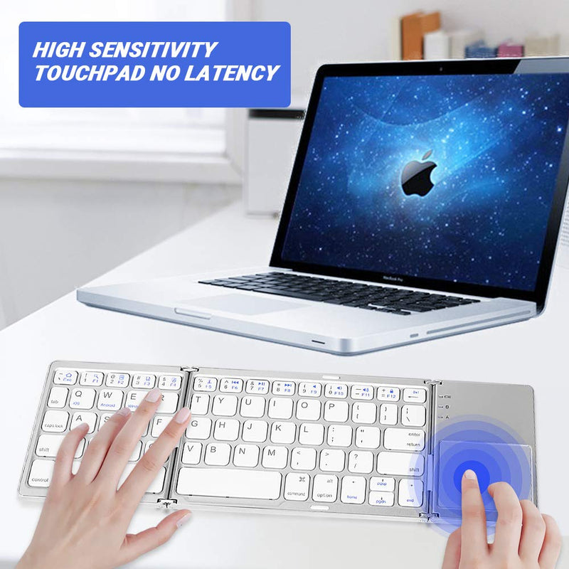 [Australia - AusPower] - Achort Foldable Bluetooth Keyboard, Tri- Folding Portable Wireless Keyboard with Touchpad, USB Rechargable BT Wireless Keyboard for Android, Windows System Laptop Tablet Smartphone (Sliver) Sliver 