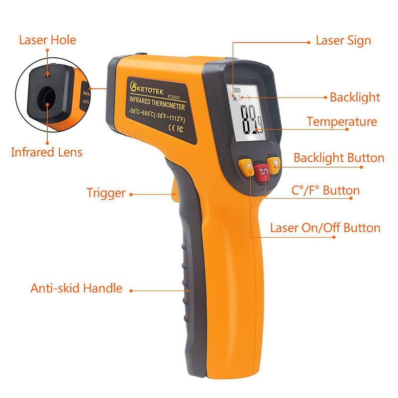 [Australia - AusPower] - Ketotek Digital Infrared Thermometer Temperature Gun -58°F-1112 °F(-50°C - 600°C) Handheld Non Contact IR Laser Thermometer KT600Y for Cooking Meat Kitchen Refrigerator Pool Pizza Oven BBQ Food Orange 