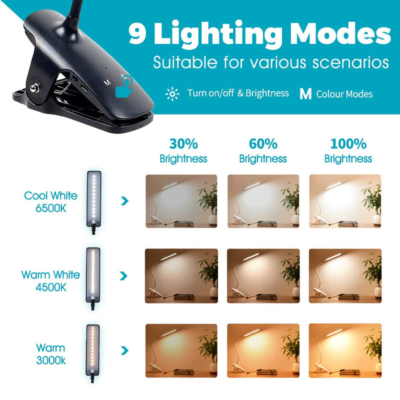 [Australia - AusPower] - CUHIOY Reading Light Clip, Portable Clip Desk Lamp, Eye Protect Clip on Light for Bed, Rechargeable Book Light, Led Headboard Reading Light, Clip Light for Reading with Flexible Neck, Kids Night Light Black 