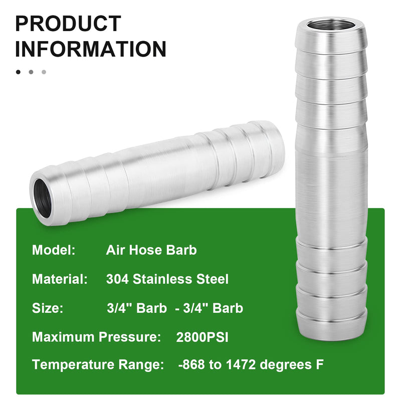 [Australia - AusPower] - TAISHER 2PCS 304 Stainless Steel Hose Barb Fittings 3/4 Inch to 3/4 Inch Barb Hose, Hose Barb Reducer Splicer Mender Union Air Water Fuel with 4PCS Hose Clamp 3/4" Barb x 3/4" Barb 2 