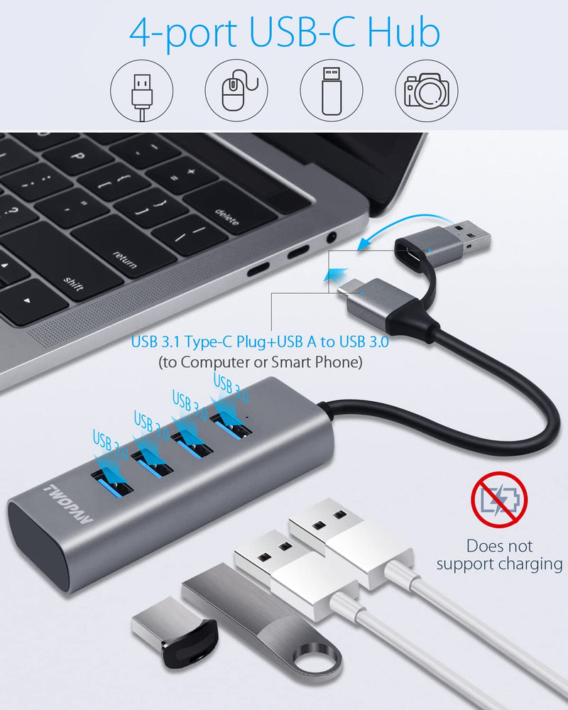 [Australia - AusPower] - TWOPAN USB to USB Hub & USB C Hub T1-AC, USB C to USB 3.0 High Speed Ports Hub, 4-Port USB 3.0 Hub Adapter for MacBook, Tablet and Smartphone, Space Gray(Gray AC) Gray AC 