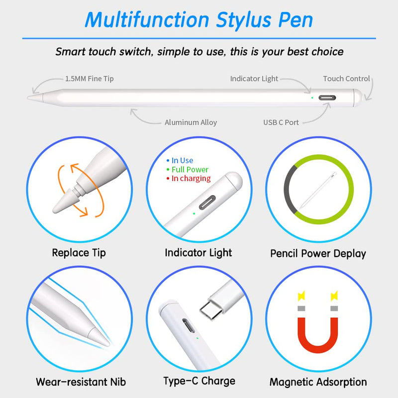 [Australia - AusPower] - Stylus Pen for iPad with Palm Rejection, Pencil 2nd Generation Compatible with 2018-2022 Apple iPad 6/7/8/9 iPad Air 3/4/5 iPad Pro 11/12.9 Inch iPad Mini 5/6, Smart Bluetooth Pen for Writing Drawing 