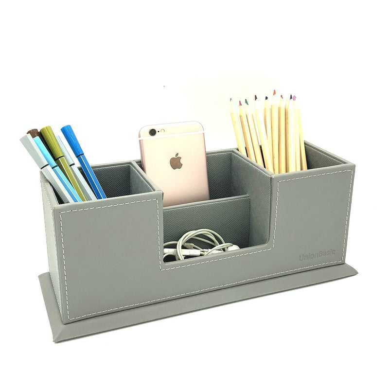 [Australia - AusPower] - UnionBasic 4-Compartment Desk Organizer - Dual Pen Holder - Desktop Card/Pen/Pencil/Mobile Phone Office Supplies Holder (Grey) Gray 