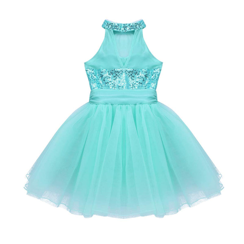 [Australia - AusPower] - Agoky Kids Girls Halter Sleveeless Sequins Mesh Ballet Tutu Dress Gymnastics Leotard Jumpsuit Lake Blue 8-10 