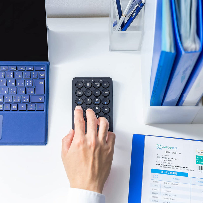 [Australia - AusPower] - SANWA Bluetooth Numeric Keypad, Rechargeable Wireless Ten Key Number Pad, 22-Key Portable & Slim Financial Accounting Numpad for Laptop Computer, Compatible with MacBook, Windows, Android, iOS, Black 