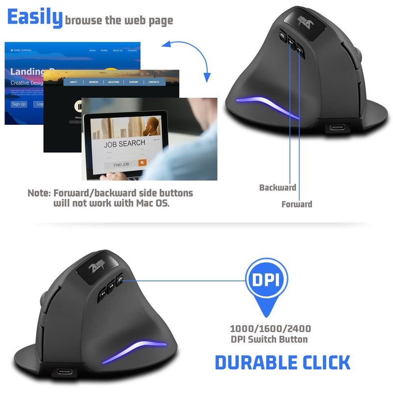 [Australia - AusPower] - Wireless Vertical Mouse, 2.4G Wireless Ergonomic Vertical Computer Mouse with 3 Adjustable DPI 1000/1600/2400, Rechargeable Laptop Mouse-Reduce Wrist Pain Compatible with PC, Desktop,Mac (Black)… Black 