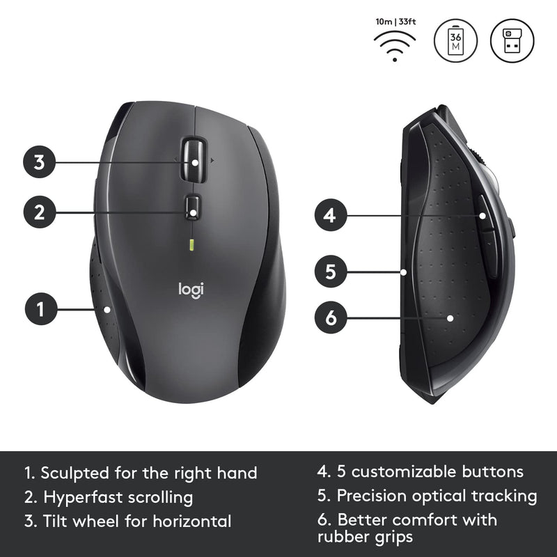 [Australia - AusPower] - Logitech M705 Marathon Wireless Mouse, 2.4 GHz USB Unifying Receiver, 1000 DPI, 5-Programmable Buttons, 3-Year Battery, Compatible with PC, Mac, Laptop, Chromebook - Black 