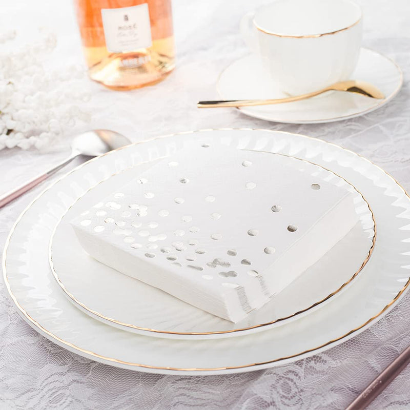 [Australia - AusPower] - 80 Pack of White Paper Cocktail Napkins with Gold Foil Polka Dot Confetti，Polka Dot Party Supplies(5 x 5 in，3-ply) (Silver) silver 