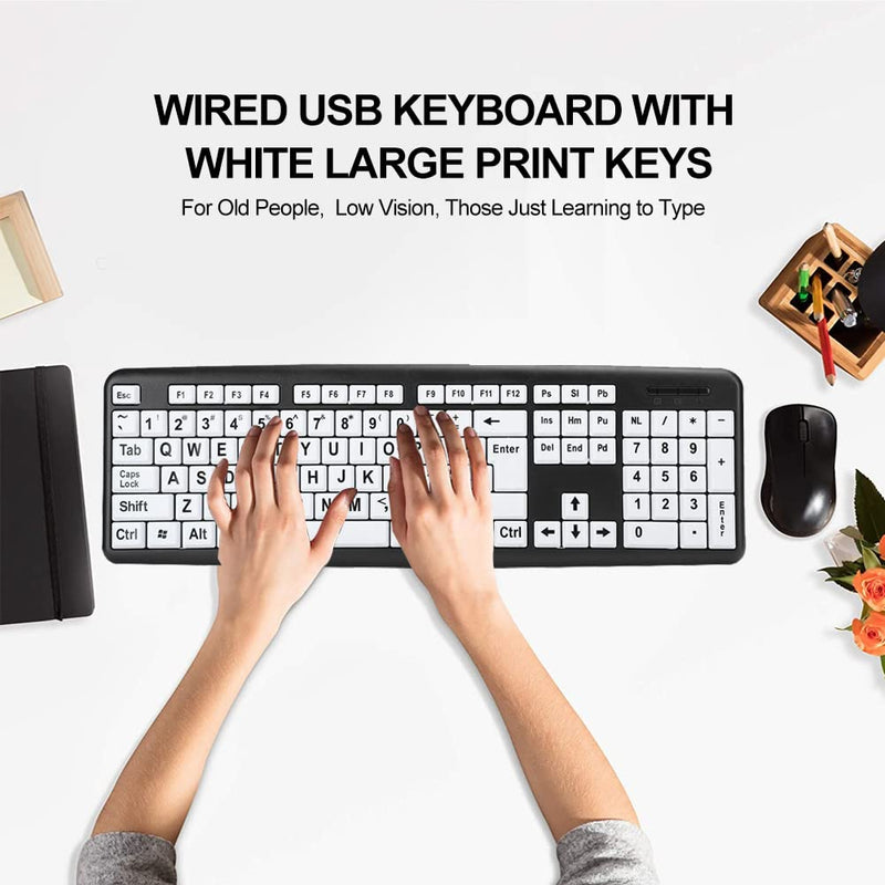 [Australia - AusPower] - Large Print Computer Keyboard, 104 Keys Standard Full Size USB Wired with Foldable Stands, High Contrast Black and White Keys Perfect for Low Vision, Seniors and Those Just Learning to Type 