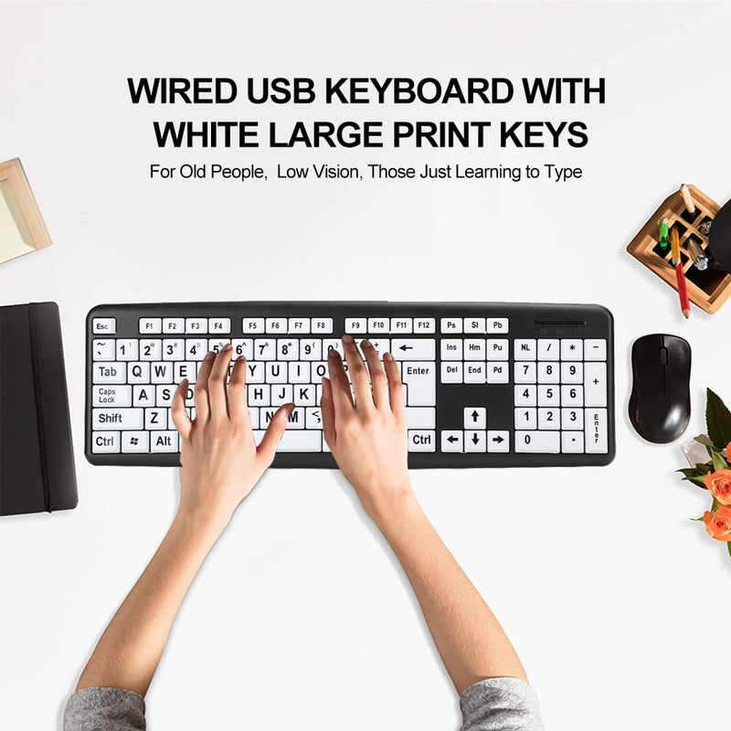 [Australia - AusPower] - Zopsc-1 Wired USB Wired Keyboard USB Keyboard Low Vision Keyboard Black Computer Keyboard with White Large Print Keys(Black) 