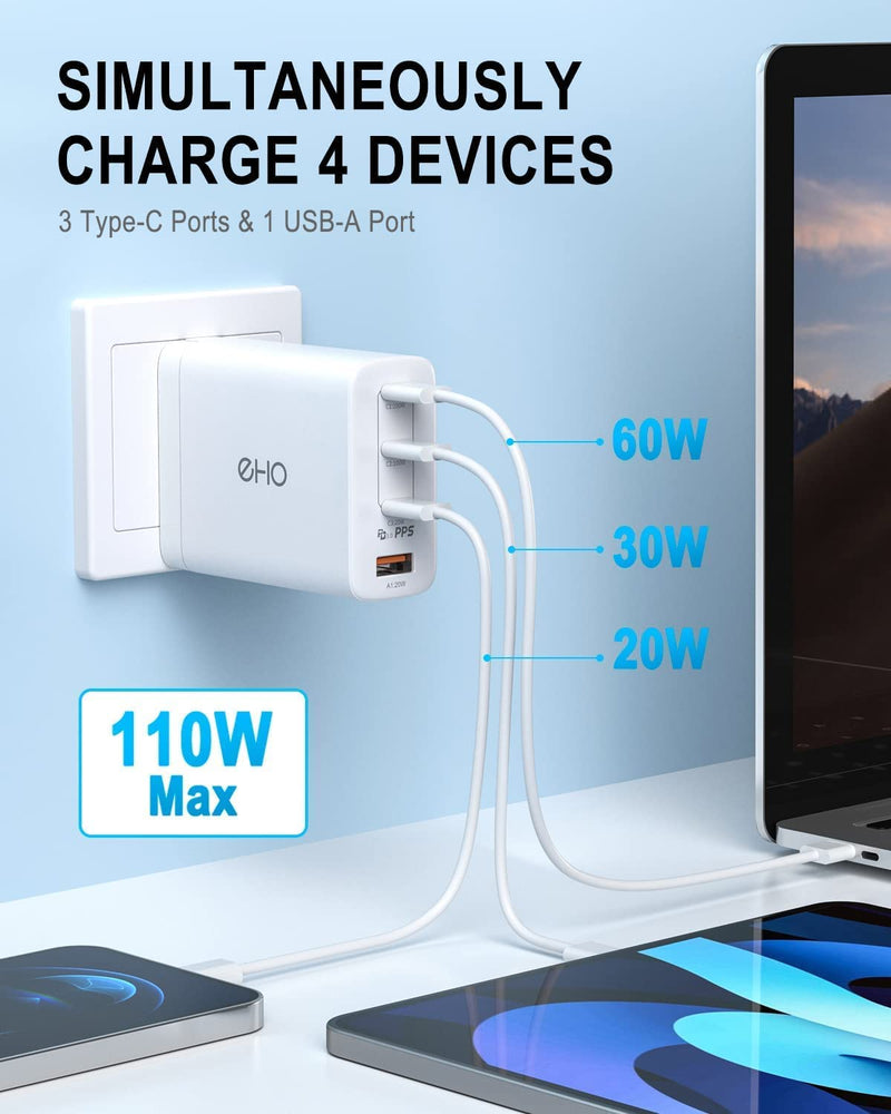 [Australia - AusPower] - USB C Charger, 100W USB-C Power Adapter, Super Fast Charger for Samsung, GaN II Compact & Foldable Versatile Charger, 3 USB C+1 USB Port Charging Block Compatible with MacBook/iPhone/iPad, UL Listed White 