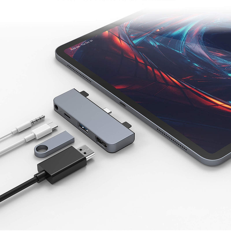 [Australia - AusPower] - HyperDrive USB C Hub Adapter for iPad Pro 2020 2019 2018 11”/ 12.9", USBC Smartphone/Tablet, 4-in-1 USB-C Hub Dongle with 4K HDMI, C-USB PD Charging, USB 3.0, 3.5mm Headphone Audio Jack -Gray 