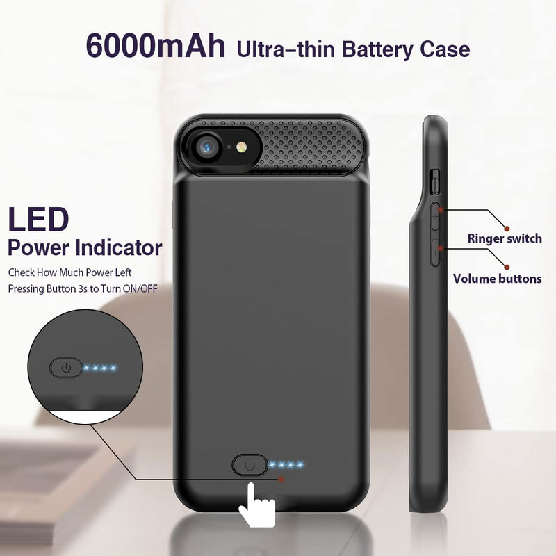 [Australia - AusPower] - GIN FOXI Battery Case for iPhone 8/7/6/6S/SE 2020,6000mAh Portable Rechargeable Charger Case Full Protection，Extended Battery Pack for iPhone 8/7/SE(2020) Protective Charging Case (4.7 inch) -Black 